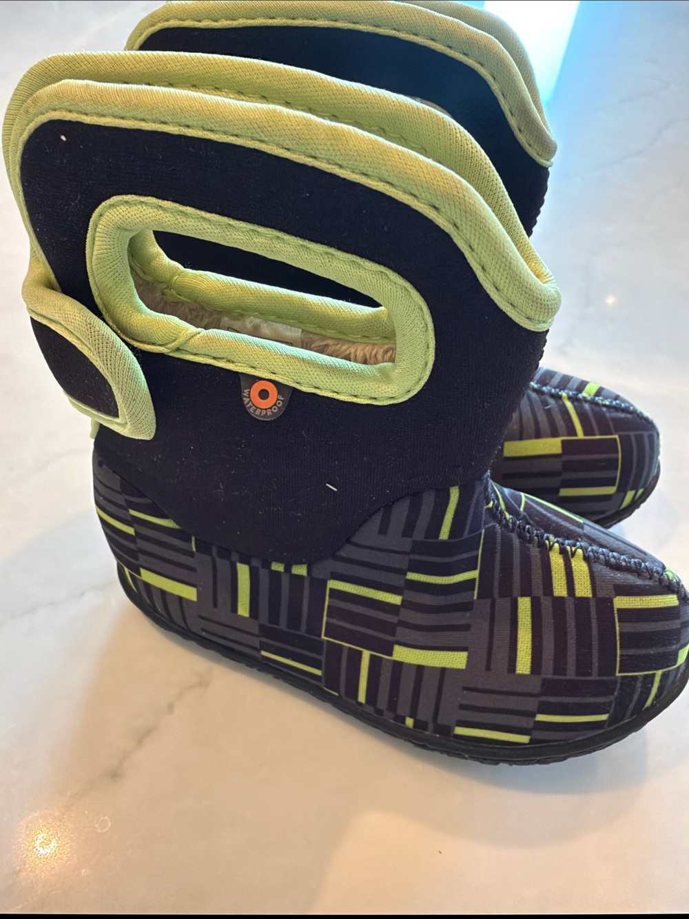 Bogs Kids Black and Lime Green Patterned Winter Boots